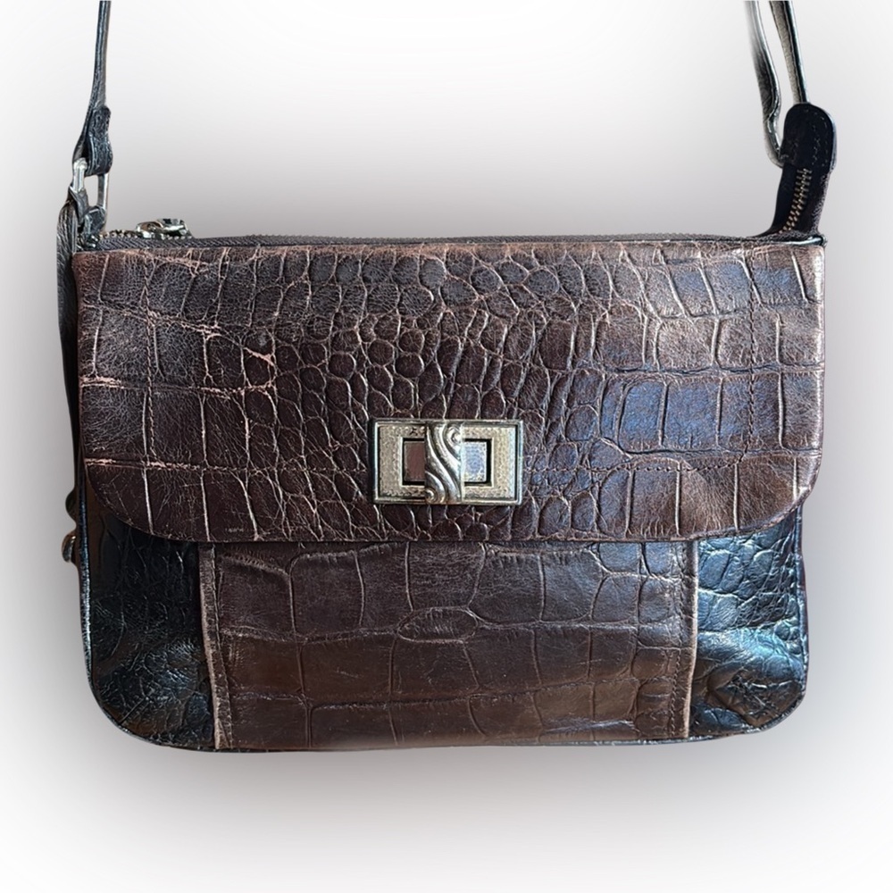 Brighton Ann Marie Bag Black Pearl Chocolate Brown Crocodile Embossed Crossbody